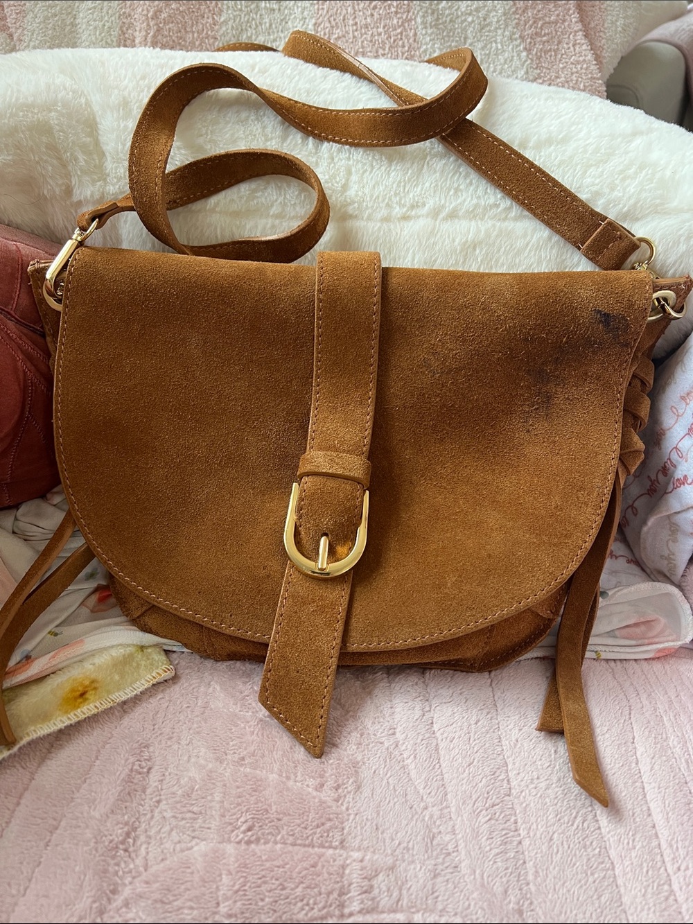 Suede Buckle Flap Crossbody Bag in Brown ASIS